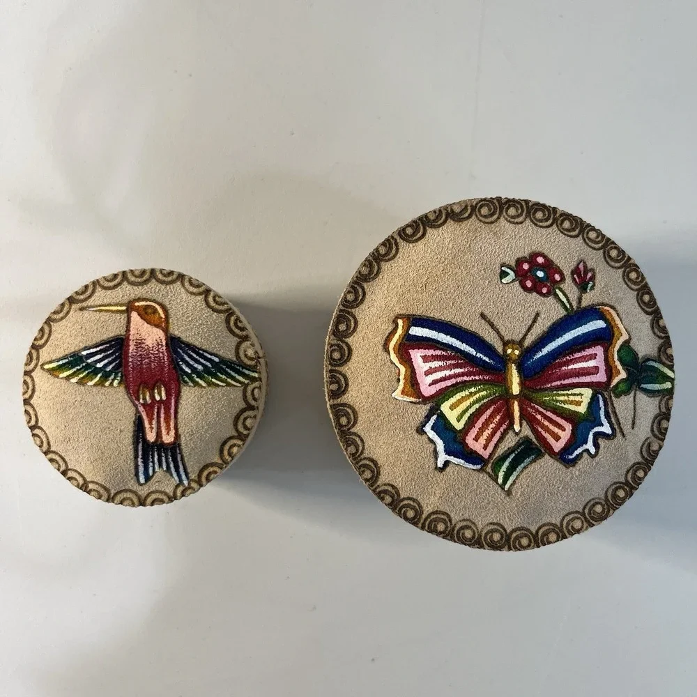 2 Handmade Suede Leather Jewelry Trinket Boxes Butterfly Bird Mexico Nesting‎